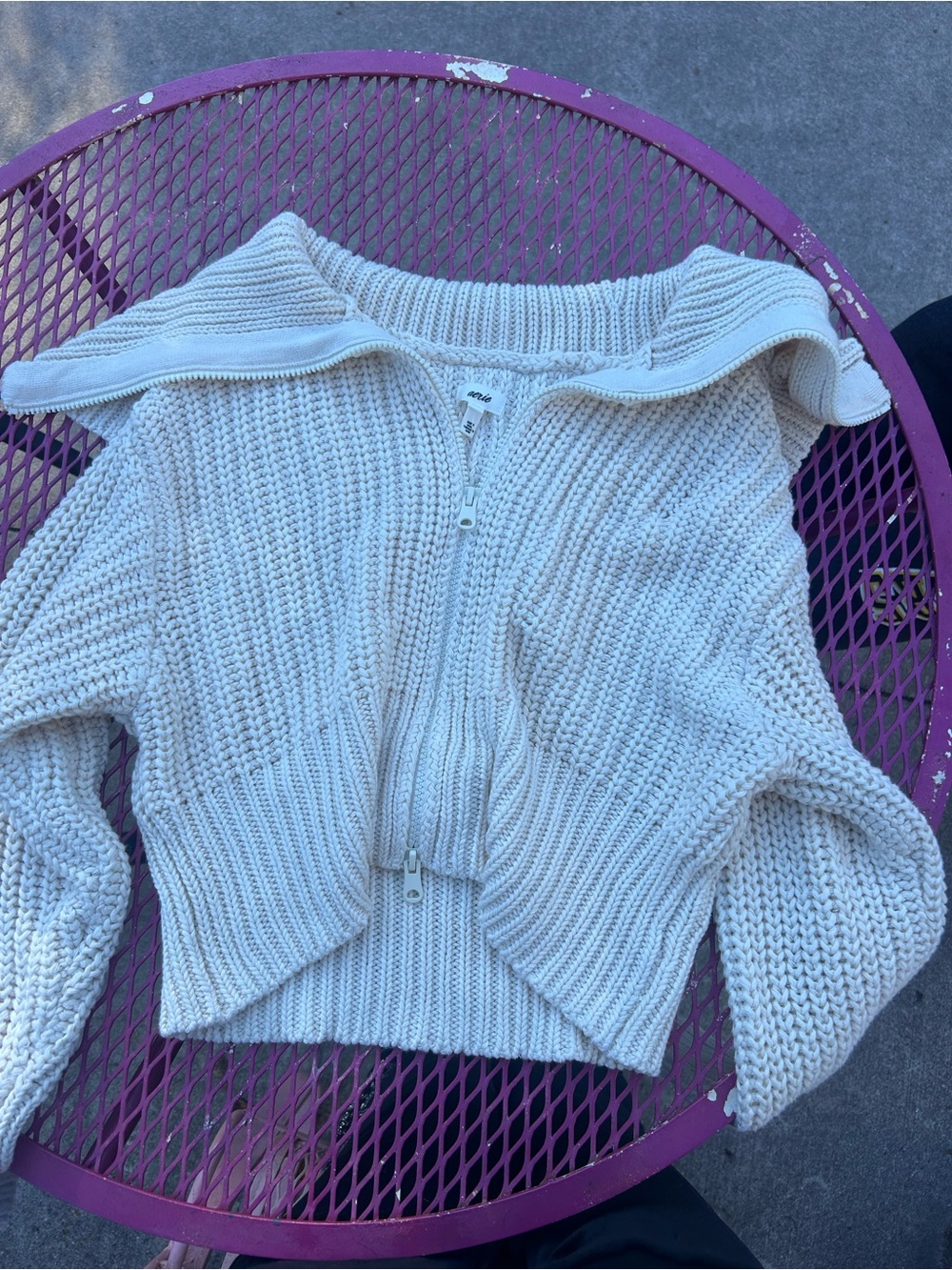 aerie Cream Chunky Knit Zip V-Neck Sweater